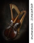 Small photo of vintage double bass and harp - concert poster for harp and duble bass - stringed instruments with vintage backgound