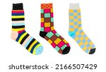 Small photo of One sock with different lines isolated on white background. Colorful sock son white background. Colored socks on the leg isolated on white background