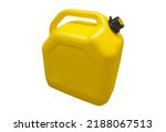 Small photo of Yellow plastic gas canister isolated on a white background. Canister for gasoline, diesel and gas. Storage tank. Plastic canister for technical liquids isolated