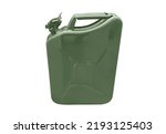 Small photo of Green metal gas canister isolated on a white background. Canister for gasoline, diesel and gas. Storage tank. Metal canister for technical liquids isolated