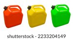 Small photo of Three plastic gas canister isolated on a white background. Canister for gasoline, diesel and gas. Storage tank. Plastic canister for technical liquids isolated