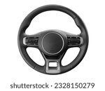 Modern car interior. Steering wheel with media phone control buttons isolated on white background. Car interior details. Steering wheel isolated on white background