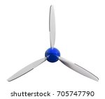 Small photo of Sport plane white propeller screw with blue cover cap. Airplane air screw of engine part for designers. Aircraft plane screw propeller. White blue windmill. Three blades Plane airscrew