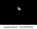 Small photo of Decrescent half moon in the high center of a black sky bagckground, horizontal, copy space.