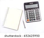 Small photo of calculater ,pen and blank notebook for office on white background isolated