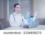 Woman caucasian doctor using computer check patient data document 