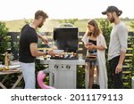 Small photo of Young friends cooking vegetables and fish on a modern gas grill at backyard on a sunset. Eating and spending summer time outdoors