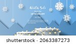 Winter sale product banner, 
podium platform with geometric shapes and snowflake, paper illustration, and 3d paper.