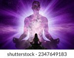 Woman doing yoga in front of giant human silhouette with universe