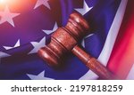 Small photo of Justice in the USA. American Court. Sentencing the accused. The application of punishment to the guilty and the acquittal of the innocent. The jury in the courtroom and the judge.
