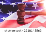 Small photo of Justice in the USA. American Court. Sentencing the accused. The application of punishment to the guilty and the acquittal of the innocent. The jury in the courtroom and the judge.