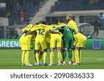 Small photo of Italy, Bergamo, dec 9 2021: Villarreal's players in center field incite each other before kick-off during football match ATALANTA vs VILLARREAL, UCL 2021-2022 Group F matchday 6, Gewiss stadium