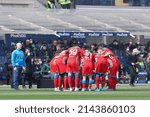 Small photo of Italy, Bergamo, apr 03 2022: Napoli's starting line up in center field incite each other prior the kick-off of the game during football match ATALANTA vs NAPOLI, Serie A 2021-2022 day31 Gewiss stadium