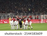 Small photo of Italy, Milan, apr 04 2022: ac Milan starting line up in center field incite each other prior the kick-off during football match AC MILAN vs BOLOGNA, Serie A 2021-2022 day31 San Siro stadium