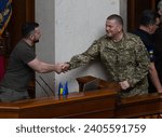 Small photo of Kyiv, Ukraine, July 28 2022. Ukraine's President Volodymyr Zelenskiy (L) welcomes Commander in Chief of the Ukrainian armed Forces Valerii Zaluzhnyi in ukrainian parliament.