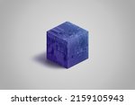 Small photo of Blockchain cube with electronic circuit board texture concept. Blue block containing hash and data