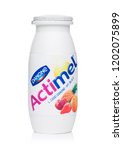 Small photo of LONDON, UK - OCTOBER 05, 2018: Bottle of Actimel probiotic yogurt type drink with tropical fruits flavour. Produced by the French company Danone