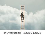 surreal man tries to reach the sky with a ladder, concept is business and succes