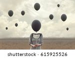 surreal image of woman and blacks balloons flying