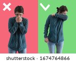 Small photo of Comparison between wrong and right way to sneeze to prevent virus infection. Caucasian woman isolated on colored background sneezing,coughing into her arm or elbow to prevent contagion