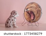 Cute little dog looks in the mirror and sees himself reflected like a lion. Self-confidence concept. Business or personal growth or dalmatian's attitude