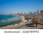 Mediterranean seaside of Tel Aviv. View from the park at old town of Jaffa.