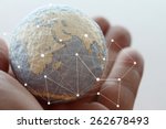 close up of businessman hand showing texture the world with digital social media network diagram concept Elements of this image furnished by NASA