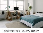 Small photo of Teenager bedchamber. Bright cozy adolescent bedroom with bed and desk workplace