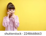 Small photo of Funny Child Girl Having Talk Conversation On Smartphone With Friend, Caucasian Kid With Quiff Looking At Camera Holding Mobile Phone In Hands