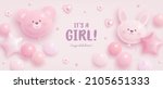Baby shower horizontal banner with cartoon bear, rabbit, helium balloons and flowers on pink background. It
