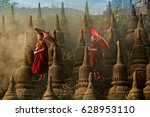 [MYANMAR] Buddhist novice monk are walking in pagoda,myanmar