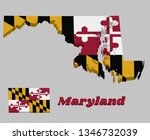 3D Map outline and flag of Maryland, Heraldic banner of George Calvert, 1st Baron Baltimore. With text Maryland.