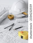 Small photo of Architects concept,eco project house,Retrofit movement,engineer architect designer working drawing sketch plans blueprints and making construction eco model,architect project