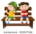 Two Boys Sitting On Wooden...