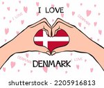 I love Denmark. Heart hand gesture with Denmark flag. Modern design with text I love Denmark in flat style. Beautiful background design with hearts. Vector illustration eps 10