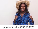 Small photo of Brazilian girl teenager on Junina Party costume. Girl with arms crossed smiling dressed on Junina Party Costume.
