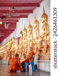 Small photo of BANGKOK, THAILAND – FEBRUARY 14: Monks take the exam by uttering their words to become the teacher who will be the one to ordain monks on February 14, 2024 in Bangkok, Thailand.
