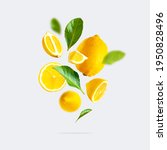 Small photo of Juicy ripe flying yellow lemons, green leaves on light gray background. Creative food concept. Tropical organic fruit, citrus, vitamin C. Lemon slices. Summer minimalistic bright fruit background