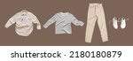 Small photo of Flying cotton longsleeve, beige jeans, denim shirt, white leather sneakers isolated on brown background. Clean white Unisex T-shirt. Branding clothes. Mock up for your design. Autumn Women's Clothing
