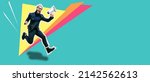 Small photo of Funny portrait of an emotional running in the air guy with a megaphone. Collage in magazine style. Crazy emotions. Discount, sale season. Information concept. Attention news!