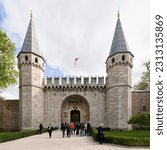 Small photo of Istanbul, Turkey - May 11, 2023: Topkapi Palace: The large Gate of Salutation, aka the Middle Gate, or Orta Kapi, leads to the Second Courtyard of the palace