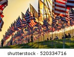 Many USA American flags flying on poles planted on green meadow  with sunset back light and silhouettes of people.