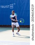 Small photo of WINSTON-SALEM, NC, USA - AUGUST 21: Darian King plays Lucas Pouille on August 21, 2021 at the Winston-Salem Open in Winston-Salem, North Carolina.