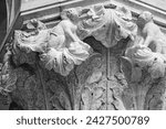 Small photo of Venice, Italy, Sept. 17, 2023: On a Doge’s Palace column capital, two impish monkeys amid ornate leaves show the imagination and skill of the city’s medieval stone carvers.