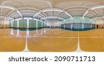 Small photo of MINSK, BELARUS - MAY 2021: full seamless spherical hdr panorama 360 degrees angle view in empty gym with gymnasium basketball court in equirectangular projection, AR VR content