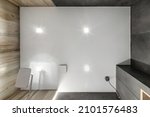 Small photo of suspended or stretch ceiling with halogen spots lamps and drywall construction in empty room in apartment or house