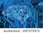 Artificial intelligence brain on blue integrated circuit background. AI, machine learning and neural network concept.