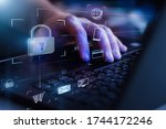 Data protection and secure online payments. Cyber internet security technologies and data encryption . Closeup view of man`s hand using laptop with virtual digital screen with icon of lock on it.
