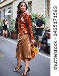 Small photo of MILANO, Italy: 15 June 2019: Tamara Kalinic street style outfit before Versace fashion show during Milano Fashion Week woman Fall/winter 2019/2020