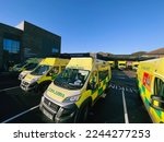 Small photo of CHESTER, CHESHIRE, ENGLAND- 2nd JANUARY 2023. Ambulances queuing outside Accident and Emergency Department at the Countess of Chester Hospital waiting to have patients admitted